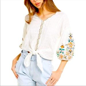 Max Studio White Embroidered Boho Top with puff sleeves
